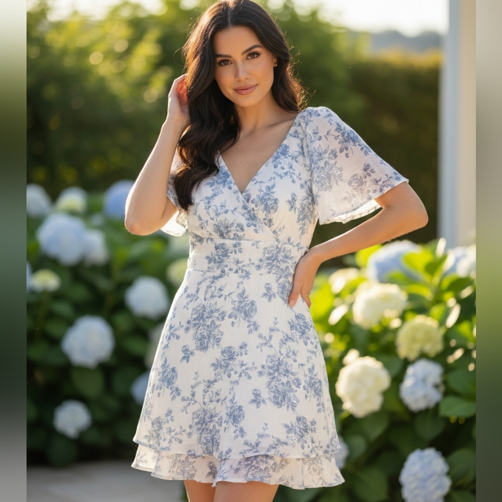 As U Wish Blue & White Floral Toile Mini Dress - Smocked Back - Size Medium